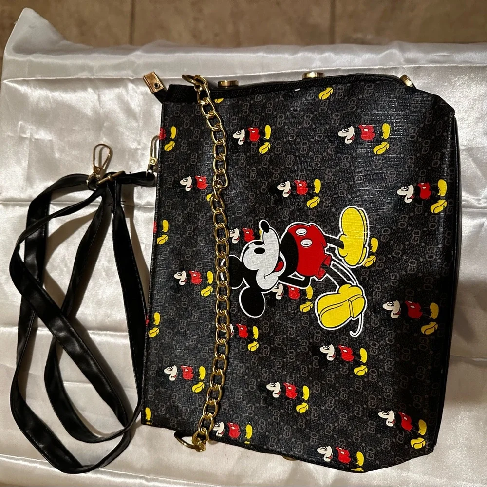 Character Print Black Crossbody Bag with Gold Chain